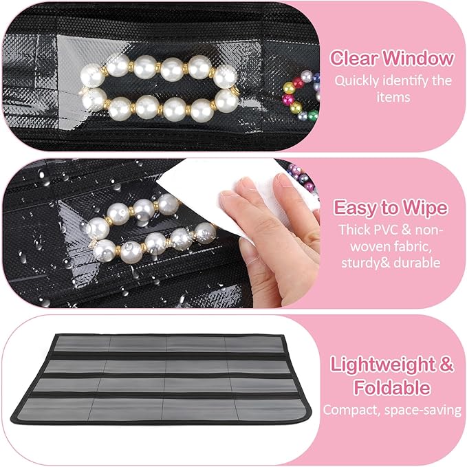 Hanging Jewelry Organizer for Closet with Swiveling Hanger, 17 x 30 In, 80 Clear Pockets Jewelry Organizer Hanging for Jewelries, Earrings, Accessories (Beige) (3, Black)