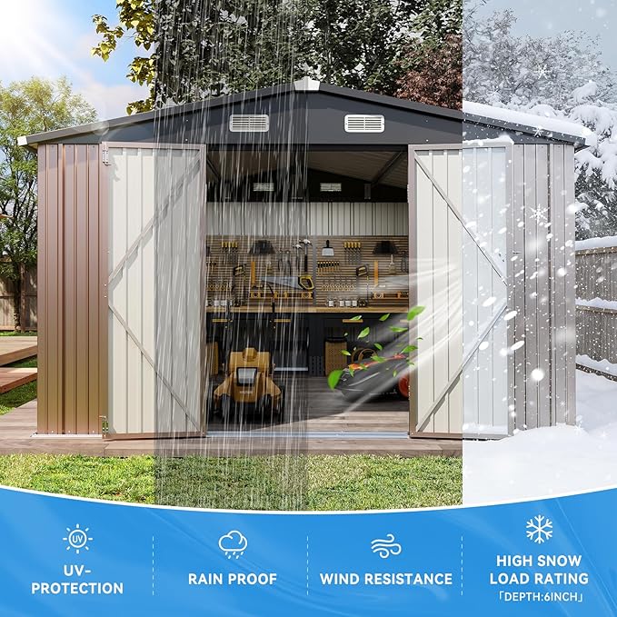 Aoxun 10x12 FT Outdoor Storage Shed - Metal Garden Tool Shed with Lockable Doors & Slooping Roof, Waterproof Outside Storage Shed Ideal for Tools, Garden Equipment & Bikes, Patio Placement(Brown)