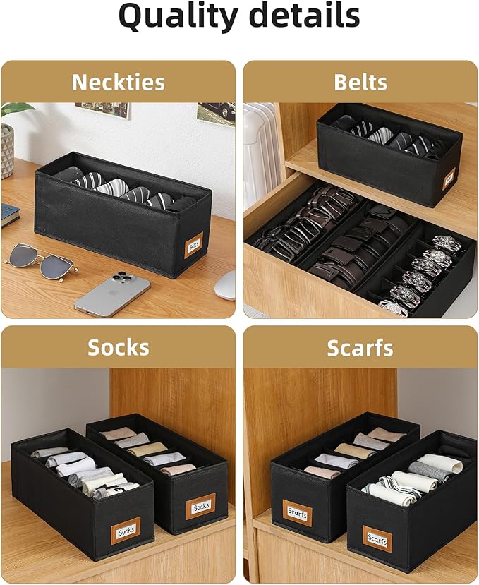 4 PCS Belt Organizer for Drawer & Closet, 6 Grids Foldable Fabric Belt Holder, Washable Belt Storage Box, Tie Organizer for Men