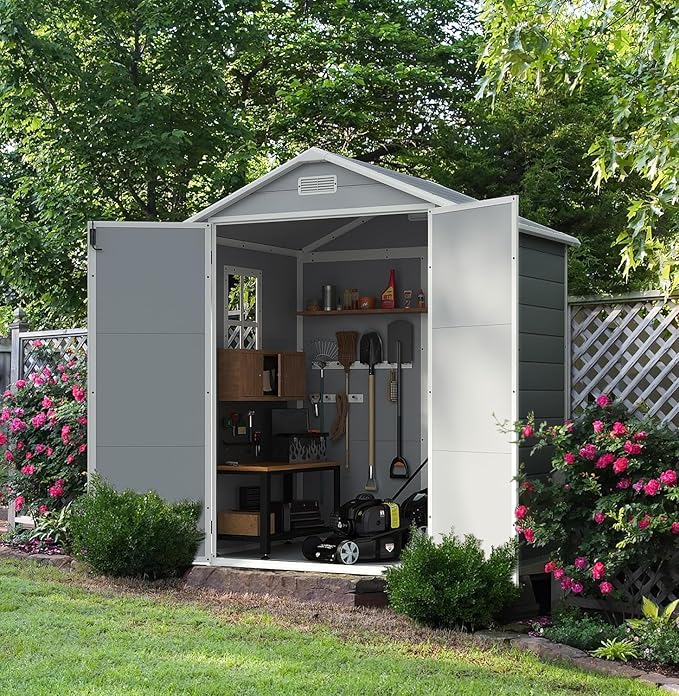 Devoko 6 x 4 FT Plastic Outdoor Storage Shed with Floor, Resin Garden Shed with Window, Outside Waterproof Tool Shed with Lockable Door for Backyard, Patio, Poolside, Light Grey