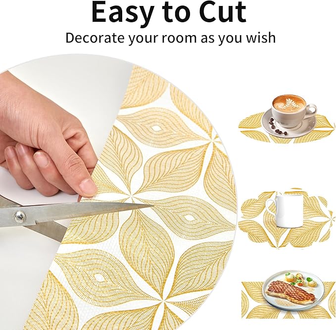 Shelf Liners for Kitchen Cabinets 17in x 30FT, Non Adhesive Cabinet Liner Strong Non-Slip Golden Leaf Drawer Liner, Easy to Clean for Shelf, Cabinet with Knife and Tape Measure