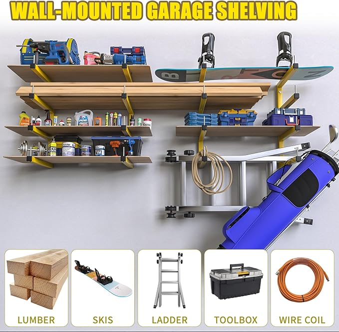 2-Pack Lumber Storage Rack, Wood Storage Racks Wall Mount, Heavy Duty Garage Wood Organizer with 4-Level System, Yellow Utility Rack Organization Up 800 Lbs, Metal Lumber Shelf for Indoor and Outdoor