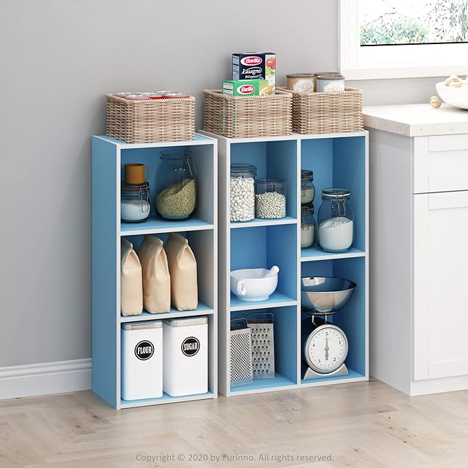 Furinno LUDER Book Shelf, 3-Cube Bookshelf, Bookcase with Open Shelves, 9.3 x 12 x 31.5, for Living Room, Bedroom, Home Office, White/Light Blue