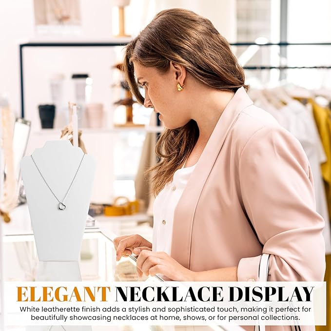Novel Box 2 Pack White Leatherette Necklace Display Stands 8 1/4 W x 12 1/2 H Inches - Jewelry Stand Necklaces Organizer for Women - Elegant Necklace Easels for Craft Shows, Selling & Personal Use