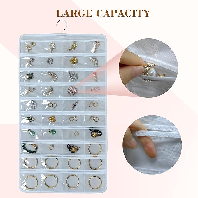 80 Pocket Hanging Jewelry Organizer with Hanger Metal Hooks Storage On Wall Door Closet Double-Sided(Each Side 40 Pockets) Jewelry Holder for Earrings, Necklaces, Rings (White+White)
