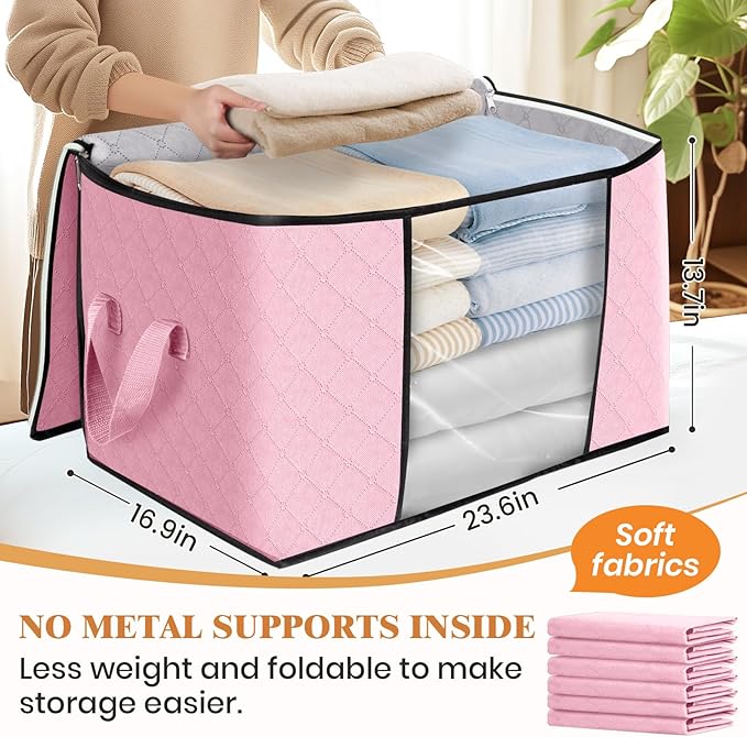 Fab totes 24 Gallons Clothes Storage, Foldable Thick Fabric Blanket Storage Bags, Containers for Organizing Bedroom, Closet, Clothing, Comforter, Organization with Handle (4 Pack,Pink)