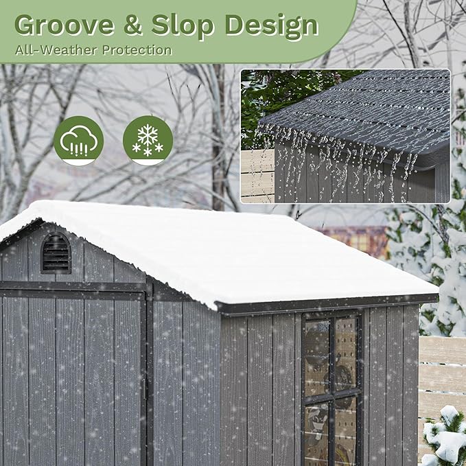 Patiowell 4 x 4 FT Plastic Outdoor Storage Shed with Floor, Garden Tool Resin Shed with Two Windows and Lockable Door for Garden, Backyard, Lawn, Easy to Install, Dark Grey