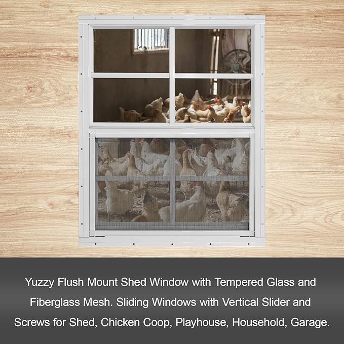 Yuzzy 24" x 27" Shed Windows with Tempered Glass and Fiberglass Screen, 2 Pack Small Sliding Windows for Shed, Chicken Coop, Playhouse, Household, Garage, Barns (White)