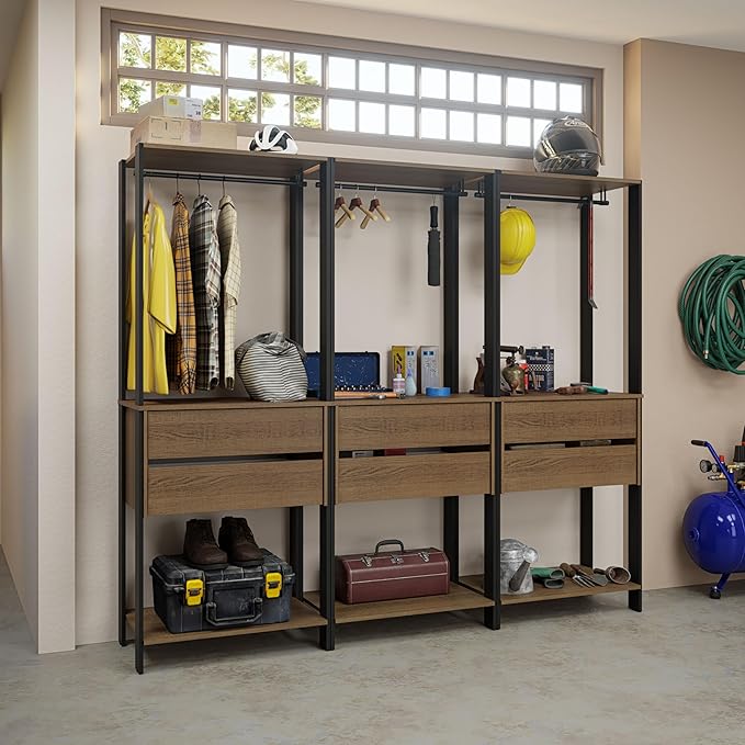 Madesa Garage Storage Rack with 6 Drawers and Hanging Spaces 82" L Multiuse Modular Organization Cabinet for Tools (BLACK/BROWN)