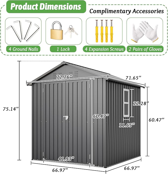 6x6 FT Outdoor Storage Shed with Lockable Doors & Sloping Roof & Clear Window, Galvanized Steel Metal Garden Tool Shed for Backyard, Patio, Poolside