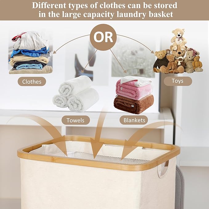 Laundry Basket with Lid, 110L Large Laundry Hamper with Handle and Lid, Collapsible Clothes Basket Organizer with Removable Inner Bag for Clothes Toys Towels - Beige