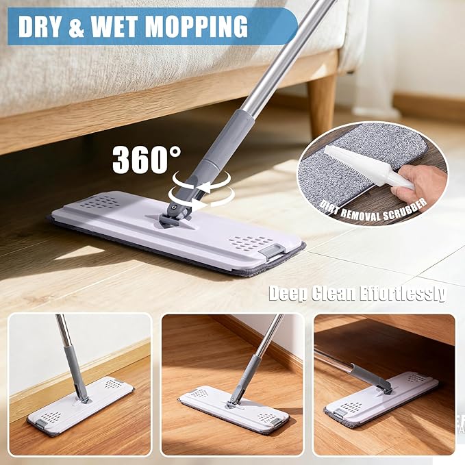 Mops for Floor Cleaning with 57" Long Handle, Wall Cleaner Mop with 84'' Handle, 2 Reusable Pads, Wet and Dust Mopping for Hardwood, Laminate, Tile Floor, Wall, Ceiling, 7Pcs Gray