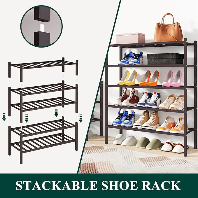 Smiry Shoe Rack, 5 Tier Bamboo Shoe Organizer, Stackable Free Standing Wooden Shoe Storage Shelf for Closet, Entryway, Front Door Entrance, Brown