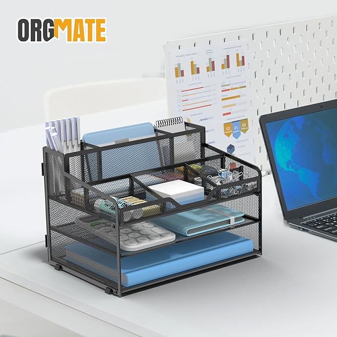 3 Tier Mesh Desk Organizer,Multi Functional Letter Paper Tray with 3 Pen Holders and 5 Adjustable Storage Compartments for Office Supplies Files and Mail Space Saving Desktop Organizer-Black