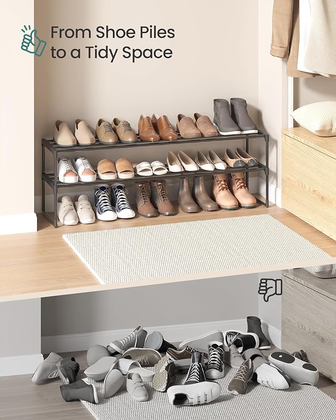 SONGMICS Shoe Rack, 2-Tier Shoe Organizer, Metal Storage Shelf, Upright or Upside Down, for 15-18 Pairs, Stackable, for Entryway, 11.8 x 46.1 x 13.4 Inches, Black ULSA032B01