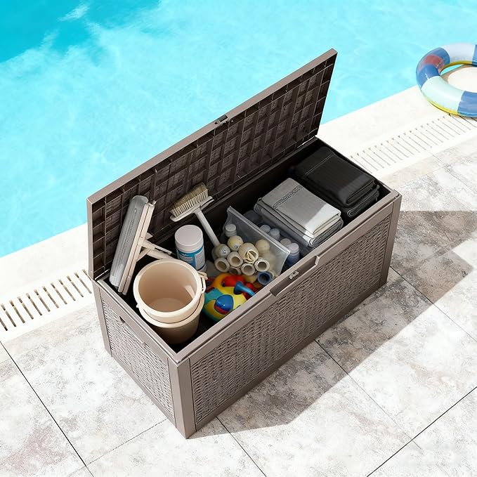 71 Gallon Outdoor Storage Box, Resin Deck Boxes Outdoor Waterproof For Patio Furniture, Garden Tools, Pool Supplies, Lockable And UV Resistant (Rattan Gray)