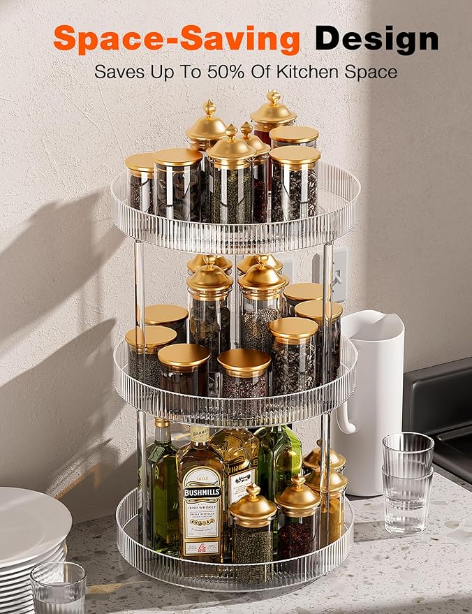 3-Tier Lazy Susan Bathroom Countertop Organizer, 360° Clear Rotating Storage Tray, Cosmetics and Perfume Organizer, Spinning Storage Tray Vanity Organizer Shelf for Bathroom Cabinet, Kitchen(Medium)