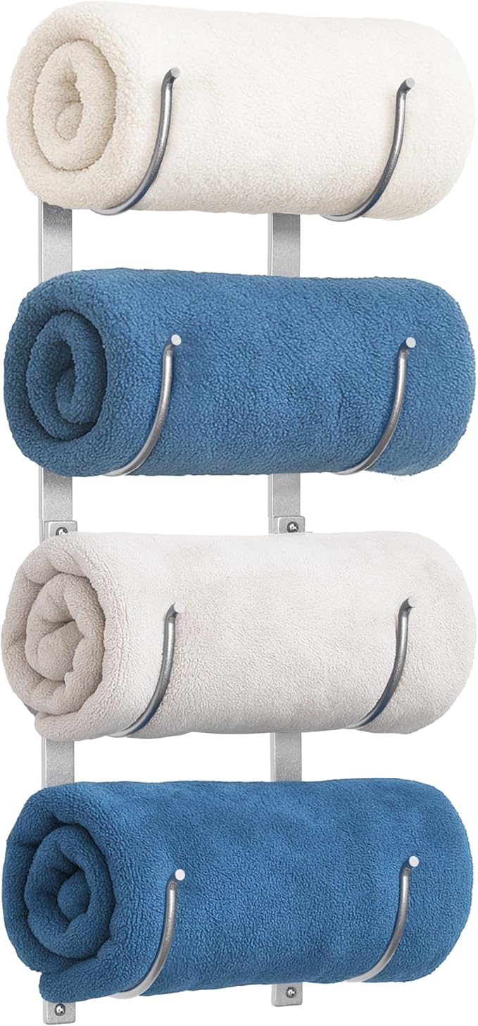 Bathroom Rolled Towel Rack: 4-Tier Wall Mounted Towel Storage Holder, Hanging Organizer for Towels, Blankets, Large Bath Sheets, Space Saving in RV, Closet, Toilet, Cabinet, Silver
