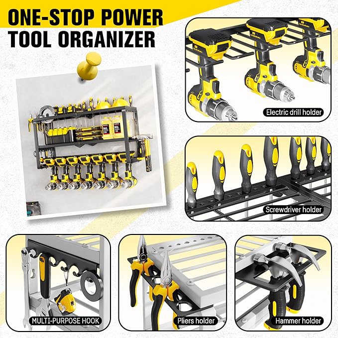 Heavy Duty Power Tool Organizer Wall Mount - 300lb Capacity 3-Tier Storage Rack with 7 Drill Holders for Garage Workshop Tools