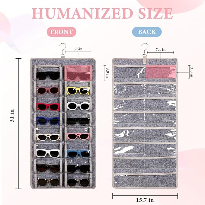Dual Sided Sunglasses Storage organizer case, Eyeglasses Holder Wall Mounted with 32 Clear Slots & Metal Hook, Dust Proof Sunglasses Storage Case