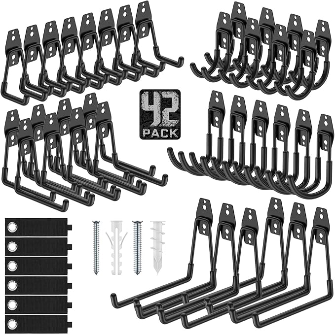 42 Pack Garage Hooks Heavy Duty, Rust-Resistant Solid Steel Wall Mount Hangers for Hanging Ladders & Bikes, Non-Slip PVC Coating Tool Organizer, 5 Sizes U & J Shapes + 6 Straps