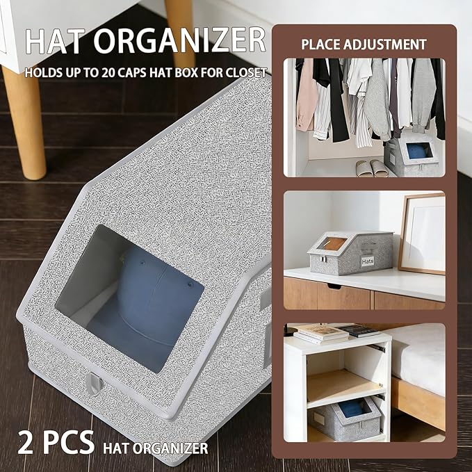 2 Pcs Hat Organizer for Baseball Caps and 6 Pcs Hat Shaper Insert - Stackable Hats Storage Box for Closet - Holds Up to 20 Caps Storage Box, Flip Cover, Save Space, Grey