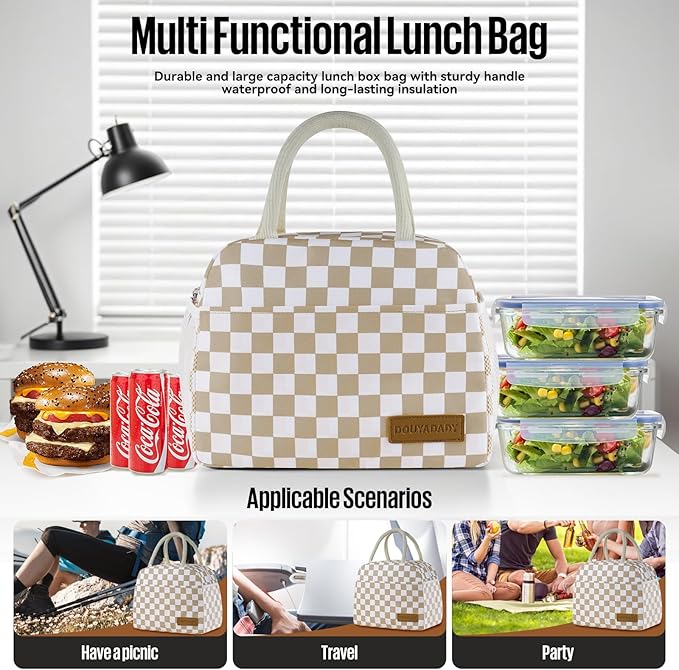Lunch Bag Women/Men Lunch Box Women/Men (Khaki+White Checkerboard)