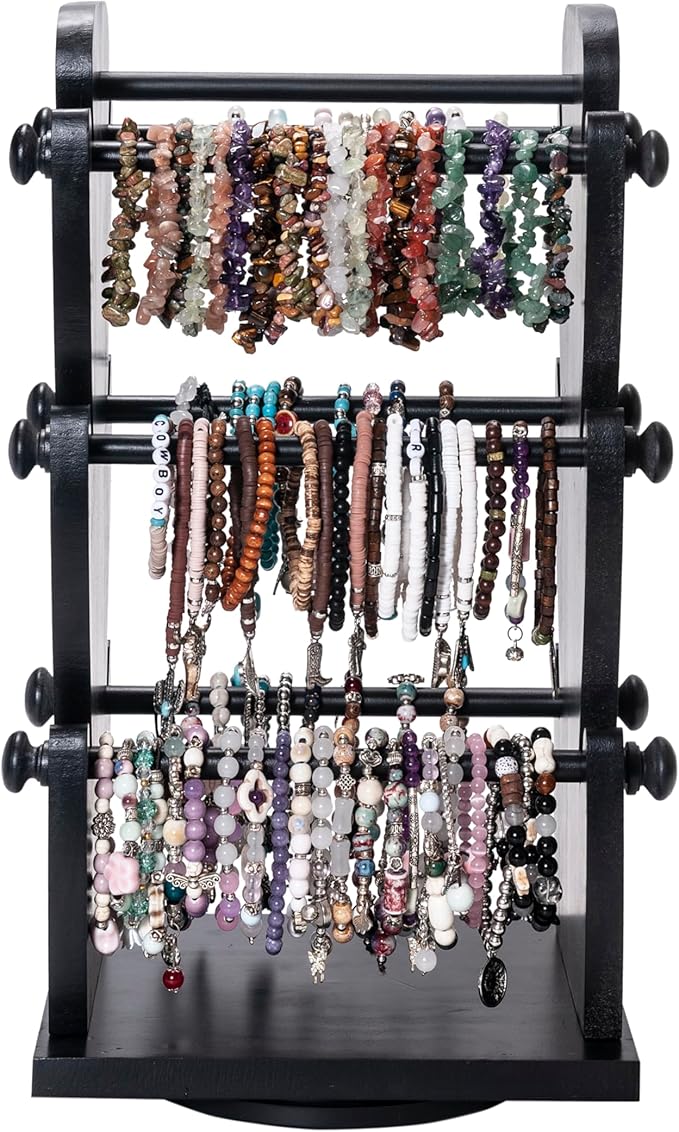 Two-Sided Rotating Wooden Jewelry Bracelet Holder Display Stand with 6 Removable Holders - 3 Tier Bar Bangle Organizer Perfect for Organizing and Showcasing Bracelets, Watches, and Accessories-Black