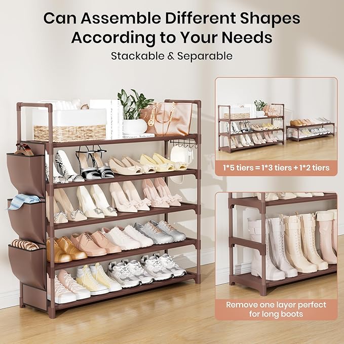 Shoe Rack for Closet Shoe Organizer Space Saver Storage for 20-25 Pair Shoe Shelf with Hook and Side Pocket Free Standing 5 Tier Shoe Rack Organizer for Entryway,Small Spaces, Brown