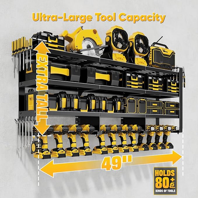 49" W Large Power Tool Organizer Wall Mount, 4 Layer Heavy Duty Loads 800 lbs, Tool Rack Holds 12 Cordless Drills, Large Capacity Battery Holder for Garage Storage, Christmas Gift for Men