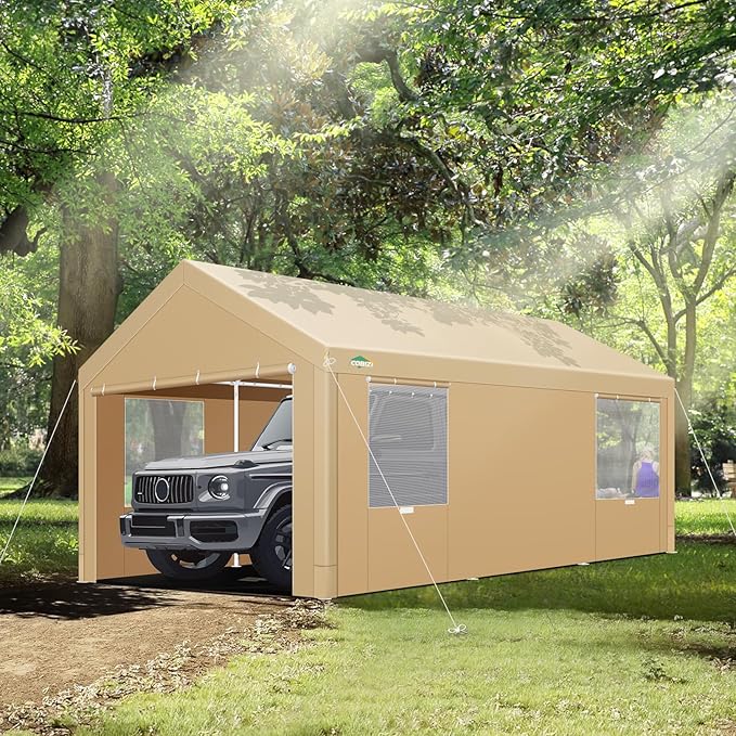 COBIZI 10x20ft Carport Heavy Duty, Portable Garage with Removable Sidewalls, Ventilated Windows & Built-in Sandbags, Waterproof Car Canopy for Truck, Boat, SUV with All-Season Tarp, Khaki