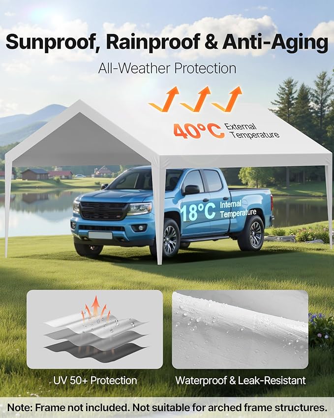 VEVOR Carport Replacement Canopy Cover, 12 x 20 ft Potable Garage Tent Top Tarp, UV-Resistant & Waterproof Car Shelter Tarp, Heavy Duty Car Port Cover with Ball Buggees, White, Frame Not Included