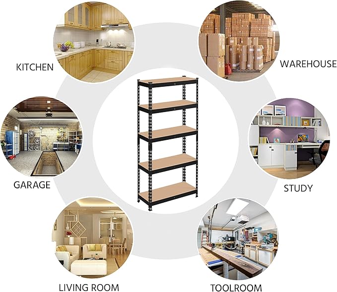Topeakmart 5-Tier Utility Shelves, Metal Storage Shelves, Adjustable Shelving Units, Boltless Assembly, Garage Shelves Shed Shelving for Warehouse Garage Shed Basement- Black, 27.5 x 12x 60 Inch