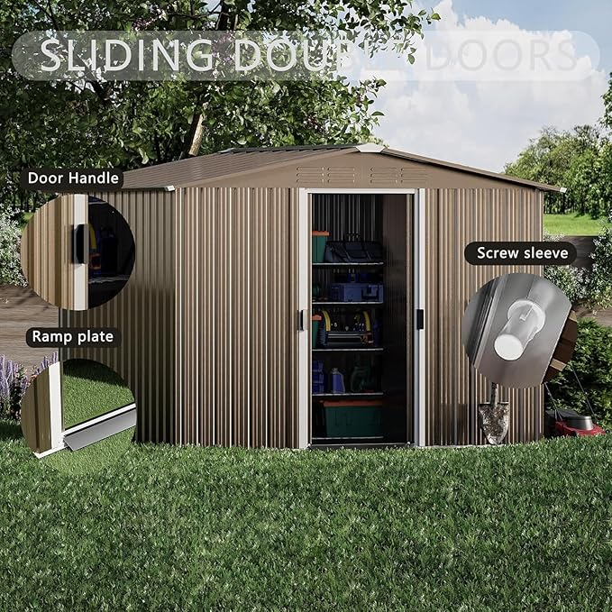 8 x 6 FT Outdoor Storage Shed with Frame Floor, Waterproof Lockable Door Metal Tool Shed with Sliding Door and Ventilation, Gardening Tool Storage Room, Metal Storage Shed for Gardens & Lawns