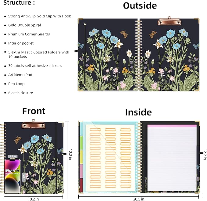 Ospelelf Clipboard with Storage 8.5 X 11，Padfolio Organizer, Spiral Portfolio Letter Size with Notepad, Pen Holder, 5 Extra Folder Divider Pages, Elastic Closure Nurse Essentials (Night Flowers)
