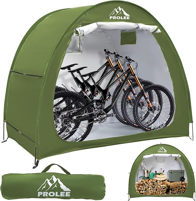 PROLEE Bike Storage Tent,Bike Shed 6.6FT, Waterproof Oxford Fabric Storage Tent for 2-3 Bikes, Outdoor Bicycle Storage with Window Design, Green