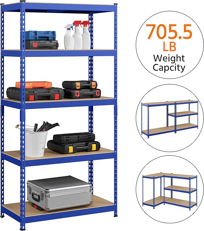 Topeakmart 5-Tier Utility Shelves, Metal Storage Shelves Garage Shelving Unit Adjustable Garage Storage Shelves Storage Racks Heavy Duty Shed Shelving- Blue, 35.5 x 17.5 x 72 Inch