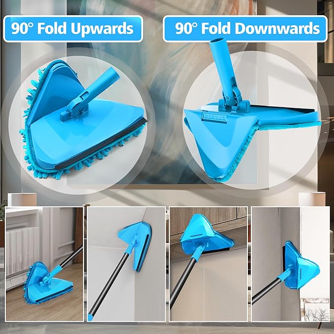 NEWE Wall Mop Cleaner with 80 Inches Long Handle, 180° Folding Ceiling Cleaning Tool with Squeegee (Blue)