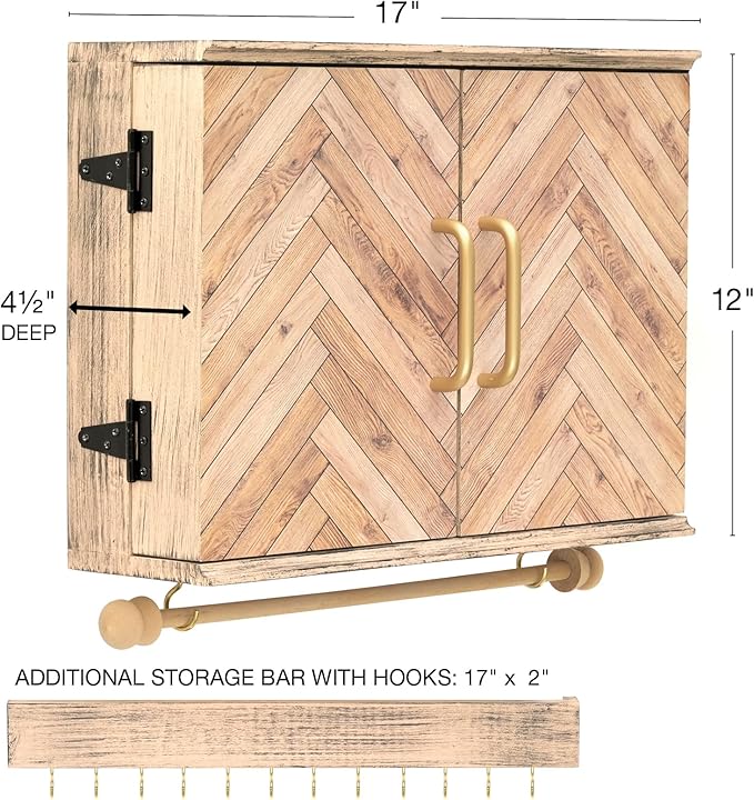 Wall Mounted Jewelry Organizer with Herringbone Wood Pattern. Jewelry holder for Necklaces, Earings, Bracelets, Ring Holder, and Accessories. Includes hooks for hanging jewelry - Brown