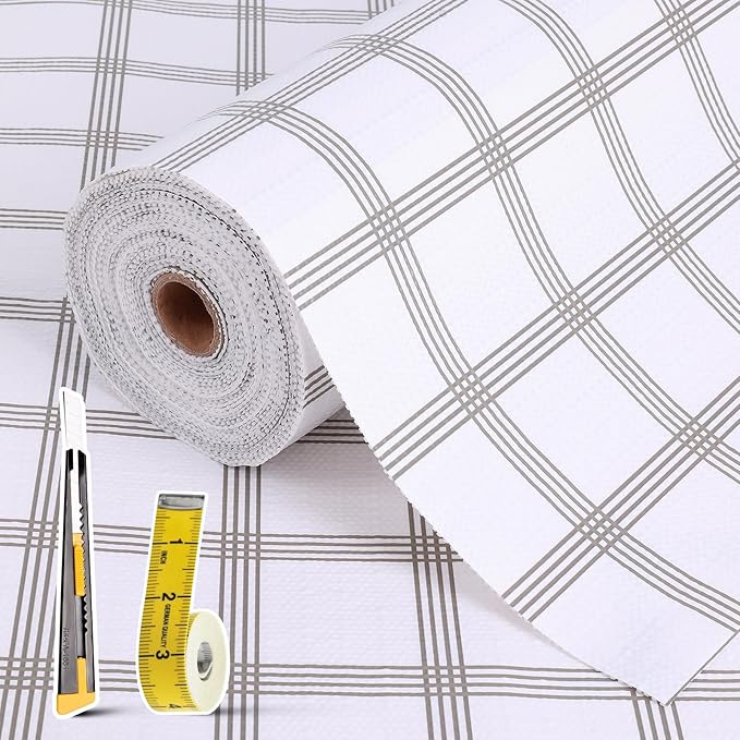 Drawer and Shelf Liner for Kitchen Cabinet: 12 in X 20 Ft Non Slip Waterproof Shelf Paper Non Adhesive Refrigerator Liners White Square Easy Liners for Bathroom Cupboard with Knife Tape Measure