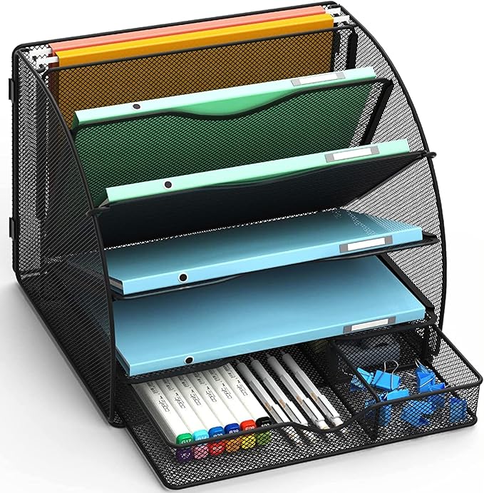 Desk Organizer, 4-Tier Mesh File Organizer with Drawer and Hanging File Folders Holder, Desktop Organizer for Office Supplies, Black