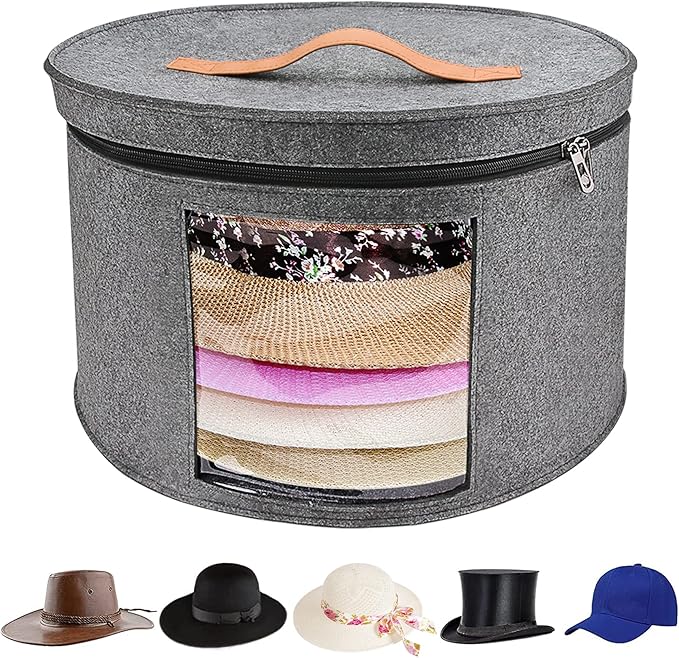 Large Hat Storage Box for Women & Men, 16" D x 10" H Hat Box Organizer，Foldable Round Travel Hat Boxes with Dustproof Lid, Stuffed Toy Storage Bin Bag (Medium Gray)