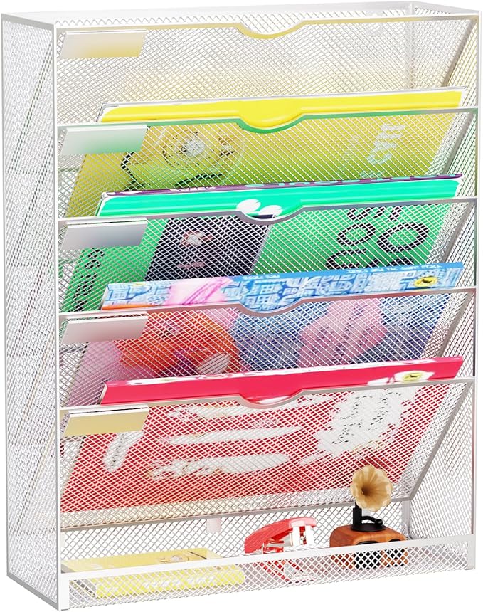 Hanging Wall File Organizer 6 Tier Wall Mounted File Holder Document Wall Organizer Magazine Organization for Office Home, Silver