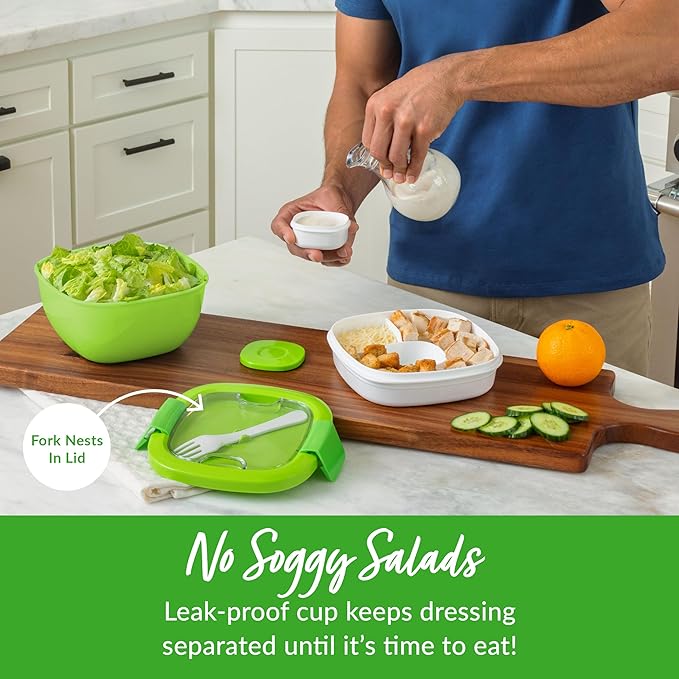 Bentgo Salad Container - 54 oz Bowl with 4-Compartment Toppings Tray, Leak-Proof Dressing Container, Reusable Fork, BPA-Free Lunch Box for Meal Prep & Food Storage; Removable Bento Tray (Green)