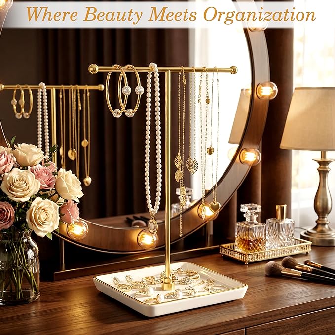 Jewelry Holder Stand with Ceramic Base: 12" Tall Necklace Organizer Rack, Tree Design Display Storage for Necklaces, Bracelets, Rings, Earrings, Aesthetic Vintage Room Décor (Gold)