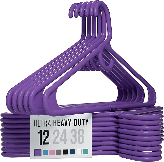 NEATERIZE Ultra Heavy Duty Plastic Clothes Hangers - Purple - Durable Coat, Suit and Clothes Hanger. Perchas De Ropa (12 Pack - Purple)