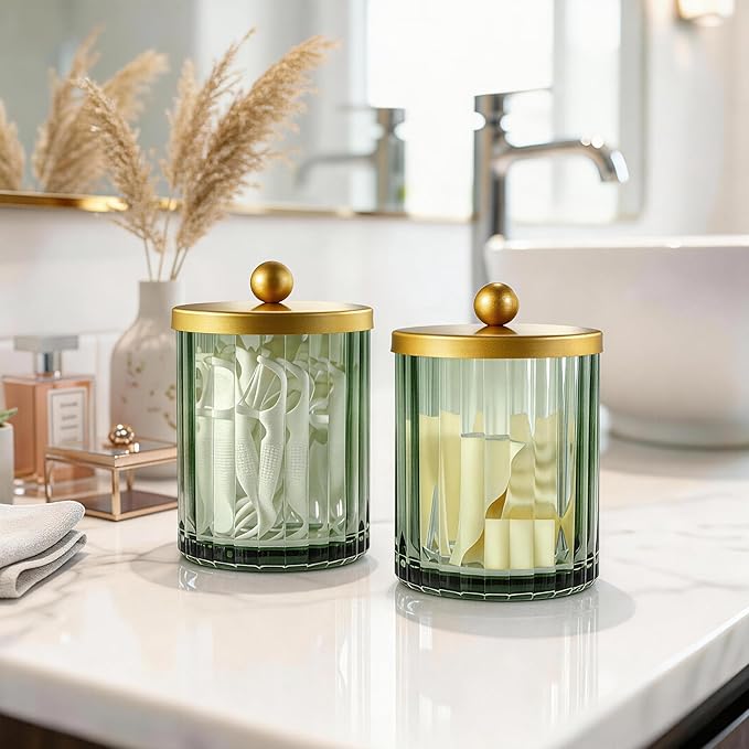Amolliar Sage Green Glass Qtip Holder Dispenser, Bathroom Canister Apothecary Jar for Cotton Swabs, Cotton Balls, Round Pads, Floss Picks, Countertop Storage Organizer Container for Vanity,Gold 4 Pack