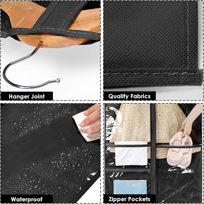Univivi Dance Costume Bags Garment Bag 40 Inch Hanging Clothes for Dance Competitions, with 3 Medium Clear Zipper Pockets for Dance Costumes, Closet Storage(Clear Black)