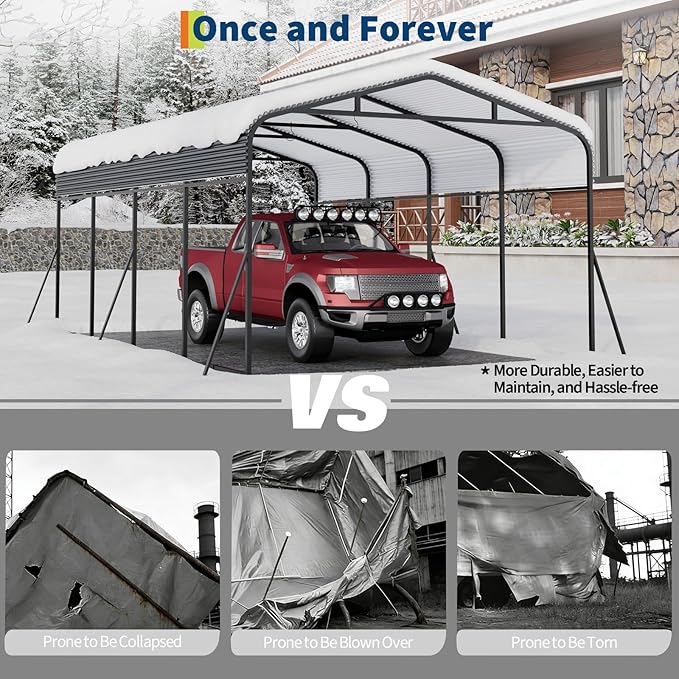 GAOMON Metal Carport, Carport with Reinforced Base and Galvanized Steel Roof, Heavy Duty Garage Car Shelter Shade, Outdoor Car Port Canopy for SUV, Truck, Boats, 12x20 FT