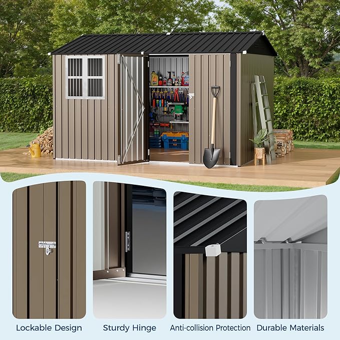 8x10 FT Outdoor Storage Shed,450CU.T Metal Tool Shed with Clear Window, Lockable Doors,Large Garden Storage Box with Sloping Roof，Sheds&Outdoor Storage for Backyard Garden Patio Lawn